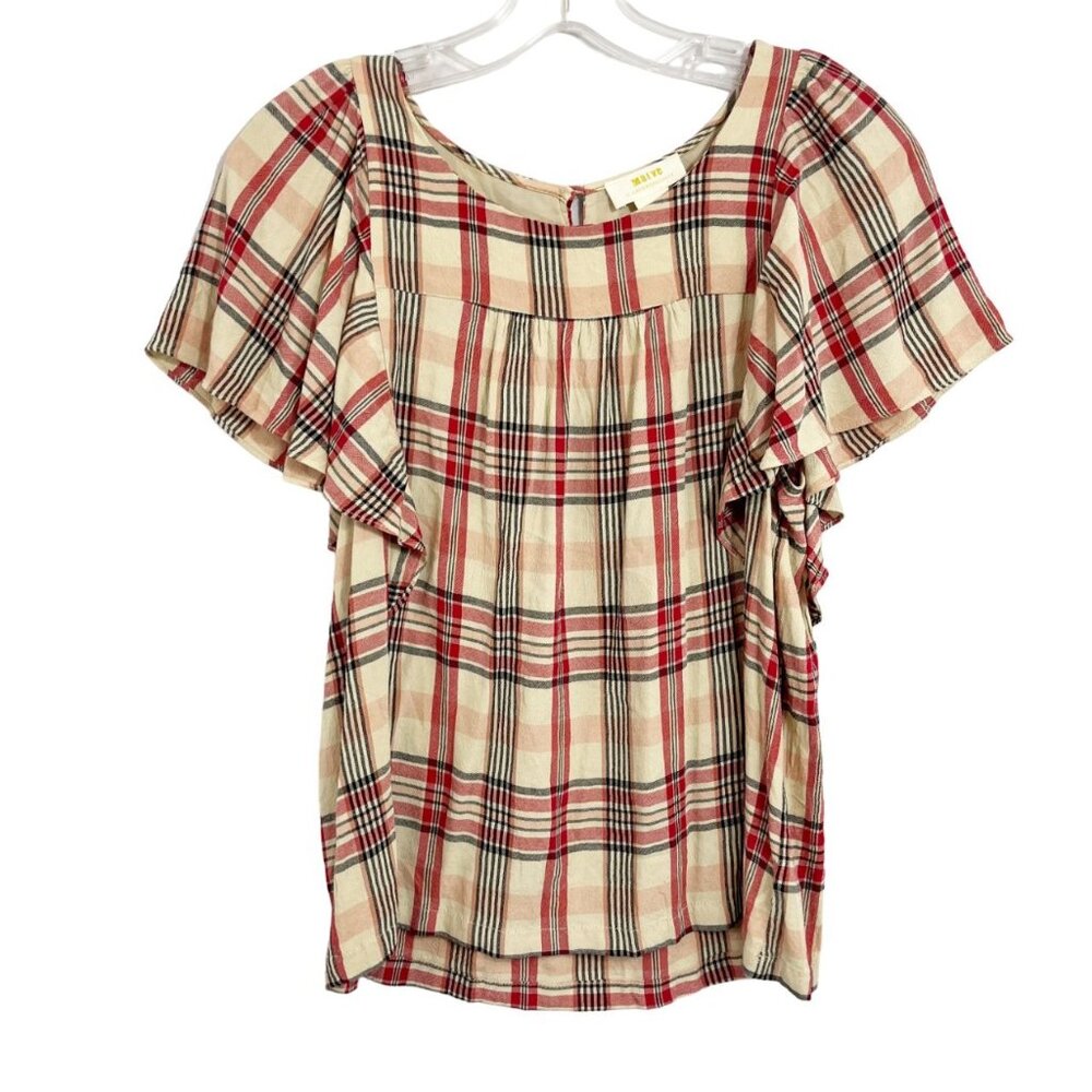 Anthropologie Maeve Priscilla Plaid Flutter Sleeve Top Tan Red - Size Small‎